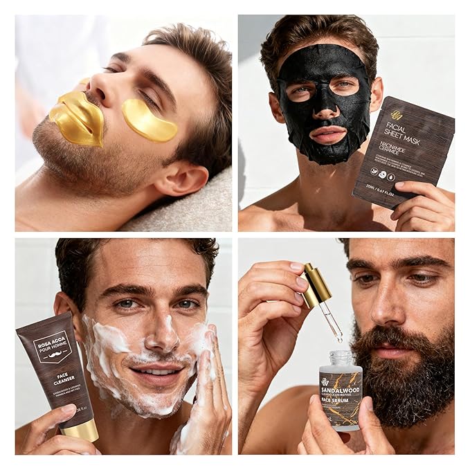 36 Pcs Sandalwood Bath & Body Gift Basket for Men, Father's Day Gifts, Beard Grooming Set, Face Skin Care Kit, Men Home Spa Gift Basket, Bath Bomb, Birthday, Valentines, Christmas, Dad, Anniversary