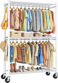 Sakugi Clothes Rack - Double Hanging Rod Clothing Rack with Wheels & Leveling Feet, Large Capacity Wardrobe Closet with Shelves for Bedroom, Laundry Room, Entryway, 45.2" x 12.6" x 80.7", White