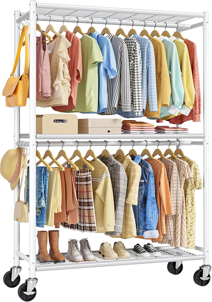 Sakugi Clothes Rack - Double Hanging Rod Clothing Rack with Wheels & Leveling Feet, Large Capacity Wardrobe Closet with Shelves for Bedroom, Laundry Room, Entryway, 45.2" x 12.6" x 80.7", White