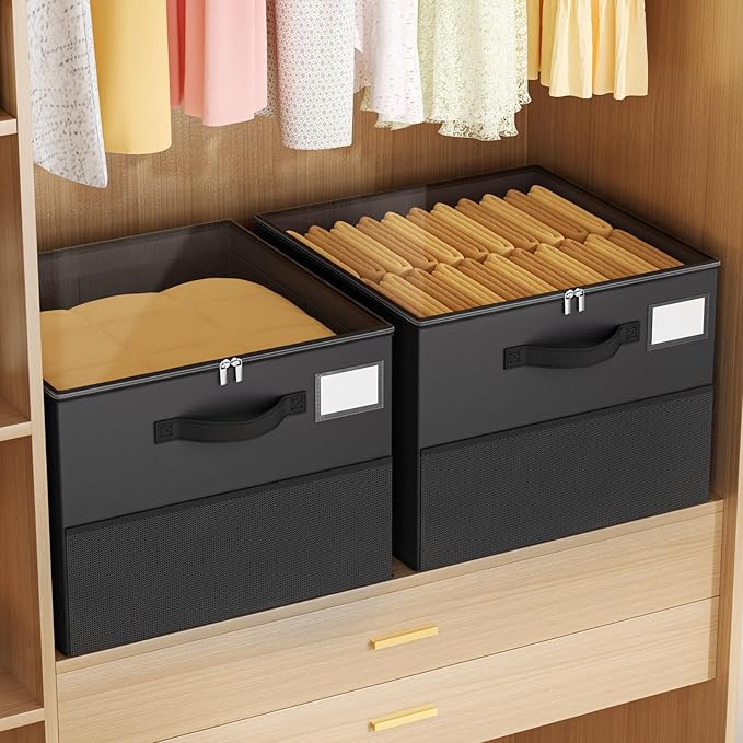 NestOrganix 2 Pack Shoe Organizer for Closet, Large Shoe Box Storage Containers, Foldable Shoe Storage Organizer Box Bin with Adjustable Dividers and Clear Cover, Space Saving Shoes Holder, Black