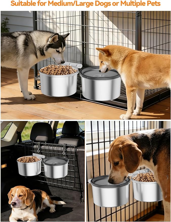 2.5L No Spill Dog Crate Bowl, 2Pcs Stainless Steel Bowls Set | Adjustable Height , Anti-Splash Water & Food Pet Bowl For Cage Kennel, Large Capacity For Medium Large Dogs