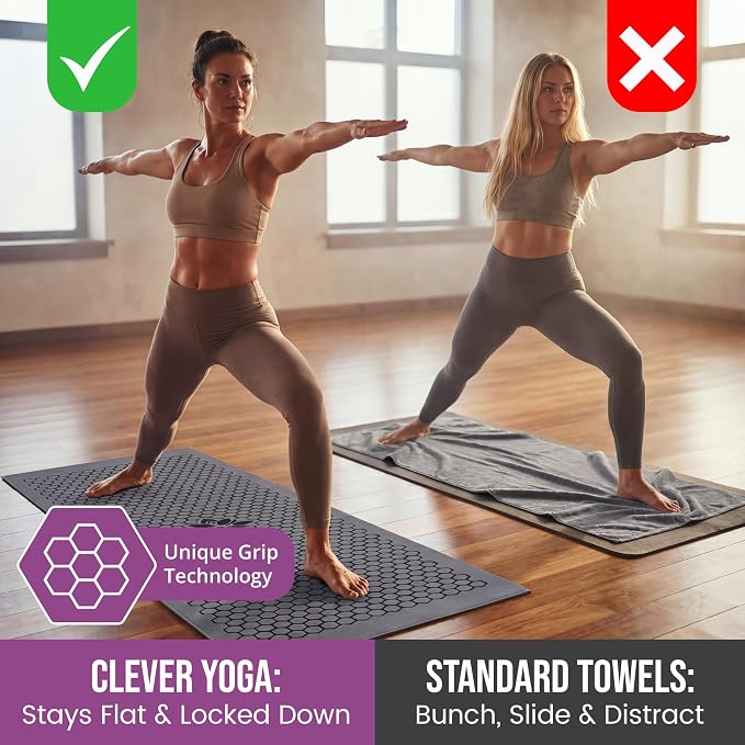 Clever Yoga Hot Yoga Mat Towel – Non-Slip Grip for Hot Yoga, Sweat Absorbent, Honeycomb Silicone Grip, Stays Flat – Ideal for Pilates, Travel, Washable & Lightweight - Gray