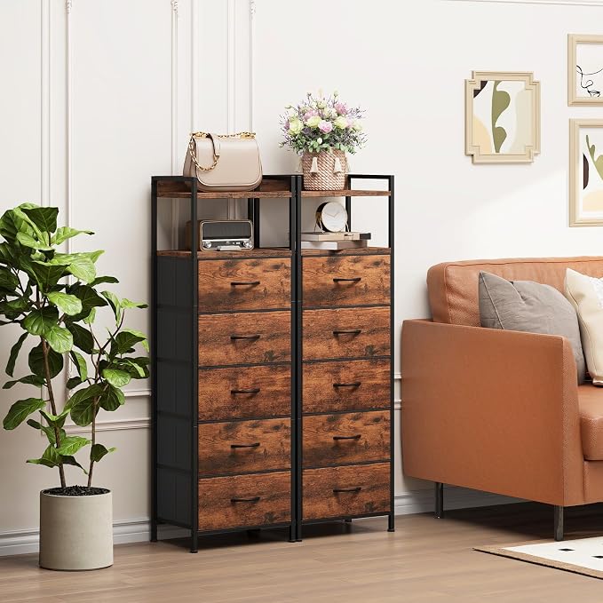 Somdot Tall Nightstand for Bedroom, Tall 5 Drawers Dresser, Vertical Storage Tower Unit, Nightstand Furniture with Fabric Drawer Organizer in Bedside Kids Room, Laundry Entryway, Wood Grain Print
