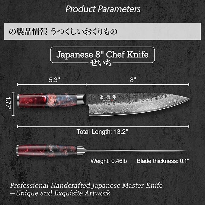 8'' Black-Forged Japanese Chef Knife, Damascus VG10 Steel | Hand Forged Finish, Damascus Stainless Steel Cladding, Red Resin Wood Handle, Leather Sheath Included, Premium Gift Box