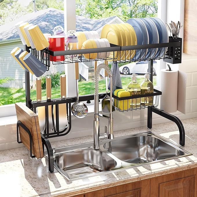 Over The Sink Dish Drying Rack, Adjustable 25.5-33.5 in, 2-Tier, Black | All-in-One Large Capacity, Snap-On Design for Flexible Use, Strong Metal Frame, Non-Slip Feet, Fits Sinks Up to 33" W