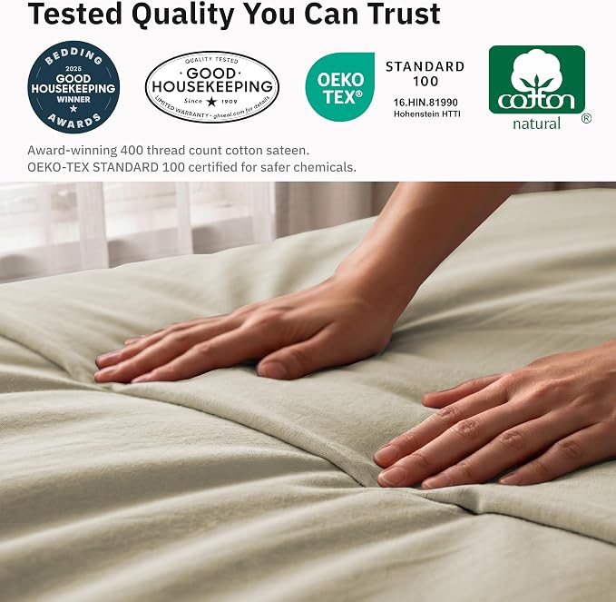 California Design Den 3 Pc 100% Cotton Duvet Cover Set Queen Size/Full Size - Winner Good Housekeeping Best Bedding Awards 2025, 400 Thread Count Sateen, Soft and Durable - Beige
