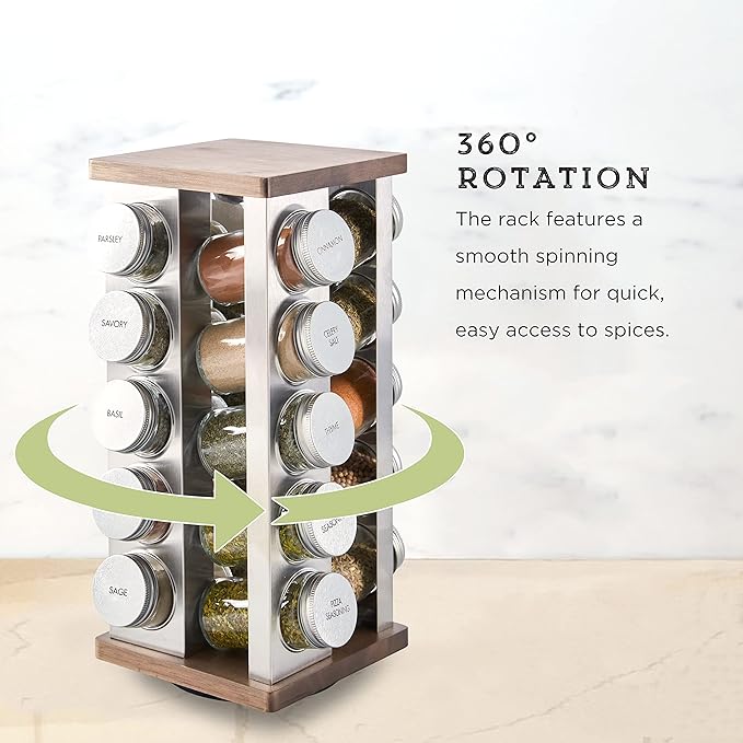 Kamenstein 20 Jar Vintage Revolving Countertop Spice Rack Organizer with Spices Included, FREE Spice Refills for 5 Years, Wood and Stainless Steel with Metal Caps (Pack of 2)