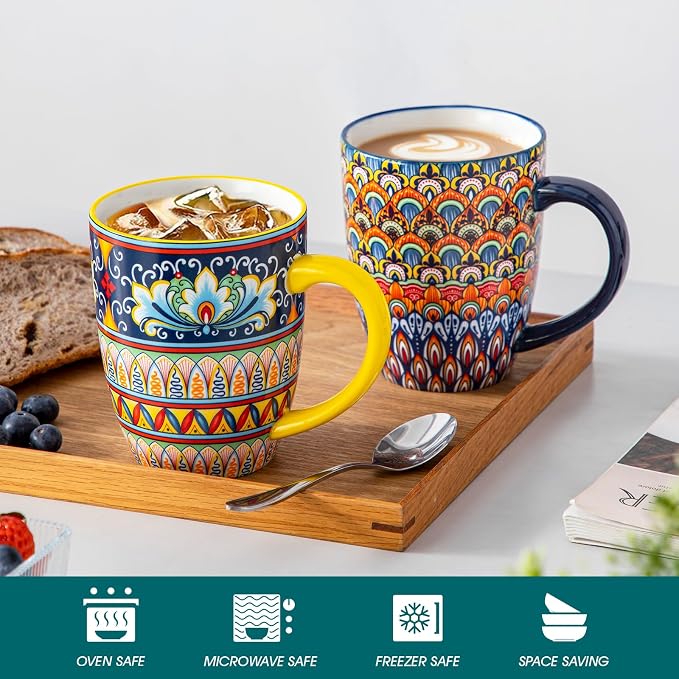 vancasso SIMI 16 oz Large Coffee Mugs Set of 6 – Bohemian Ceramic Cups with Handle, Perfect for Latte, Tea, Hot Chocolate, Dishwasher & Microwave Safe Ideal Gift