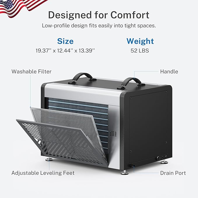 Yaufey 125 Pints Commercial Dehumidifier with Drain Hose for 6500 Sq.Ft. Crawl Space, Basement, Industrial, 10-90% RH Humidity Control, 24/7 Running Continuous Drainage, TUV Certified, 5-Yr Coverage