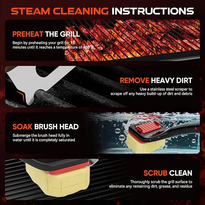 NEWKITCHEN Bristle Free Grill Brush with Scraper, Safe Steam Clean BBQ Grill Cleaner, Long Handle Replaceable Head Grill Cleaning Brush for Outdoor Grill