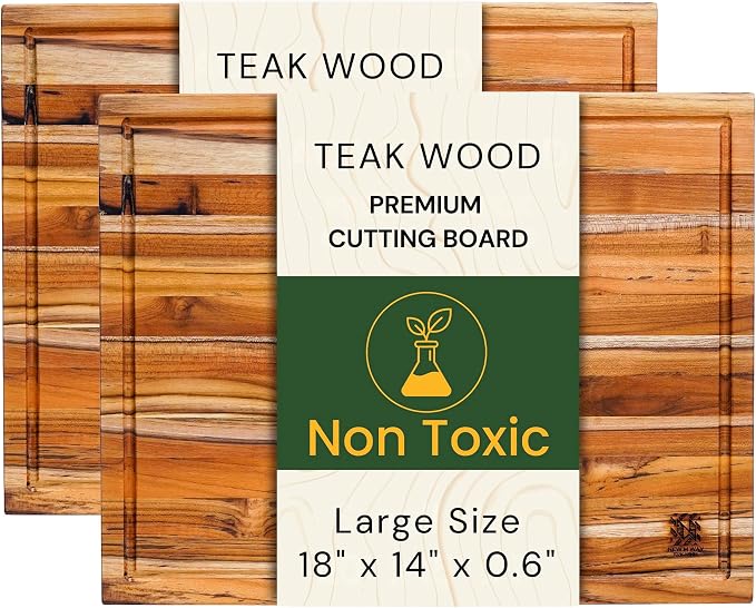 Teak Wood Cutting Board 18" x 14" x 0.6", 2-Piece Set for Kitchen Meat & Food Prep - Large Thin Edge Grain, Deep Juice Groove, Lightweight Solid Hardwood, Non-Toxic, BPA Free by New M Way