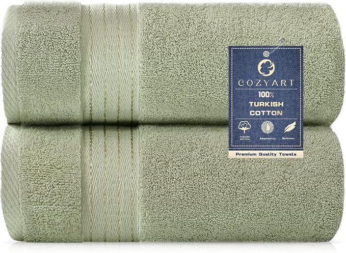 COZYART Luxury Bath Towels 2 PCS, Sage Green 100% Turkish Cotton 650 GSM | OEKO-Tex 100 Certified Zero Twist Ring Spun, Soft Absorbent Quick Dry, Plush Fluffy, Breathable Hotel Quality for Daily Use