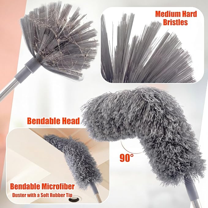 30 Feet High Reach Duster Kit with 2-24 ft Extension Pole High Ceiling Dusting and Window Cleaning Kit with Window Washer & Squeegee, Cobweb Duster, Washable Head for Ceiling Fan(Gray)