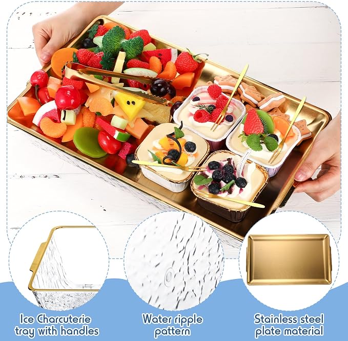 4 Set 16" x 9.45" Chilled Serving Tray for Parties with Compartments Ice Chilled Party Platter Charcuterie Serving Board with Forks Tongs for Fruit Seafood Vegetable Appetizer (Gold)