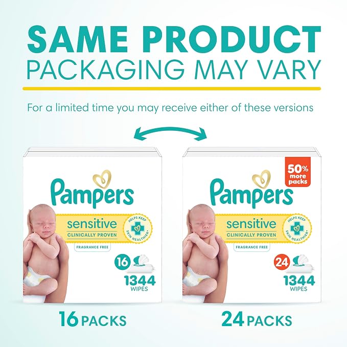 Pampers Sensitive Baby Wipes, Clinically Proven, Fragrance Free, Unscented, Water Based, Hypoallergenic, Multi-Use, Hand Wipes 1344 Wipes Total (24X Flip-Top Packs) [Packaging May Vary]
