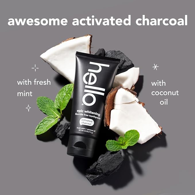 hello Epic Whitening Activated Charcoal Fluoride Free Toothpaste, 3Pk, 4 oz | Black Paste with Fresh Mint and Coconut Oil, Whitens Teeth Naturally, Enamel Safe, Vegan, SLS Free, Dye Free