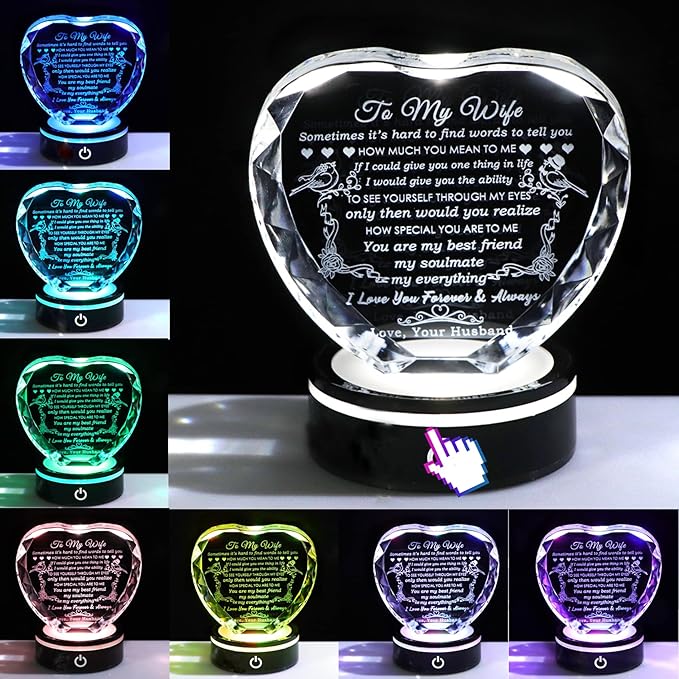 YWHL Gifts for Wife with Colorful LED Base Romantic Wedding Anniversary I Love You Gifts for Her Best Wife Birthday Gift Ideas to My Wife Crystal Keepsakes Presents from Husband