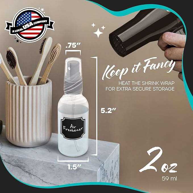 Nevlers Clear Glass Small Spray Bottle 2 Oz 24 PK | Small Travel Spray Bottle Set w/Shrink Wrap, Funnel, Brush, Marker & Labels | Hair, Face & Body Spritzer Bottles | Small Atomizer Fine Mist Sprayer