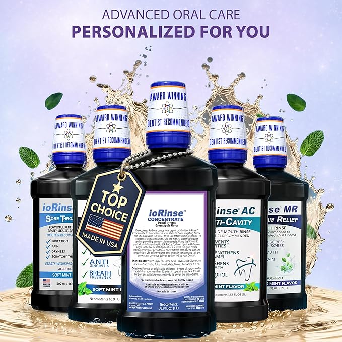 ioRinse Concentrated Irrigant with Active Molecular Iodine, Alcohol-Free Dental Irrigant, for use with Waterpik Water Flossers, and All Other Oral Irrigation Devices