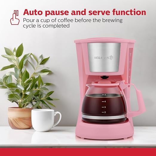 Holstein Housewares 5 Cup Drip Coffee Maker – Compact and User-Friendly with Auto Pause & Serve, Reusable Filter, Measuring Spoon & Glass Carafe, Office & Dorm Use, Pink