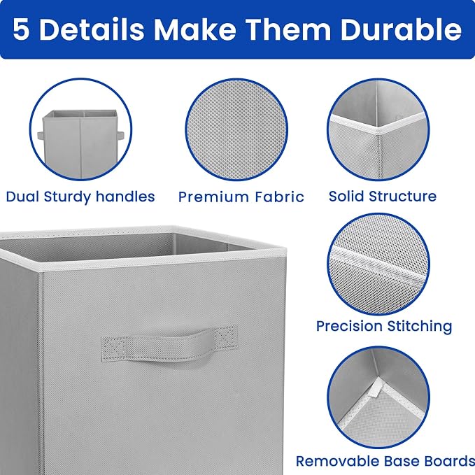 Storage Cubes, 11 Inch Cube Storage Bins for Shelves (10 Pack), Fabric Collapsible Storage Bins with Dual Handles, Foldable Cube Baskets for Magazines, Closet Organizers and Storage Box (Grey)