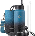 Coolflask Water Bottle 32 oz Insulated with Straw, Stainless Steel Metal 3 Lids Water Flask Wide Mouth for Sports or Office, Non-BPA Keep Cold Up to 48 Hrs or Hot Up to 24 Hrs, Turquoise