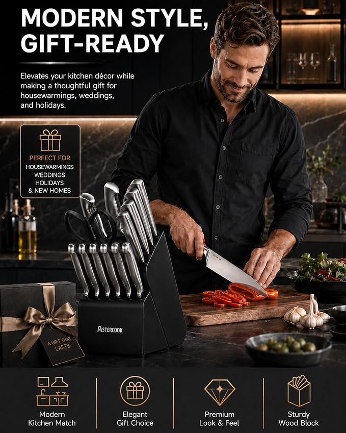 Astercook Knife Set, 15 Piece German Steel Kitchen Knife Set with Built-in Sharpener, One-Piece Knife Block Set Rust-Resistant Dishwasher Safe Block Knives Set for Cooking & Gift (Midnight Black) | Wooden Block with Built-in Sharpener, One-Piece Design...