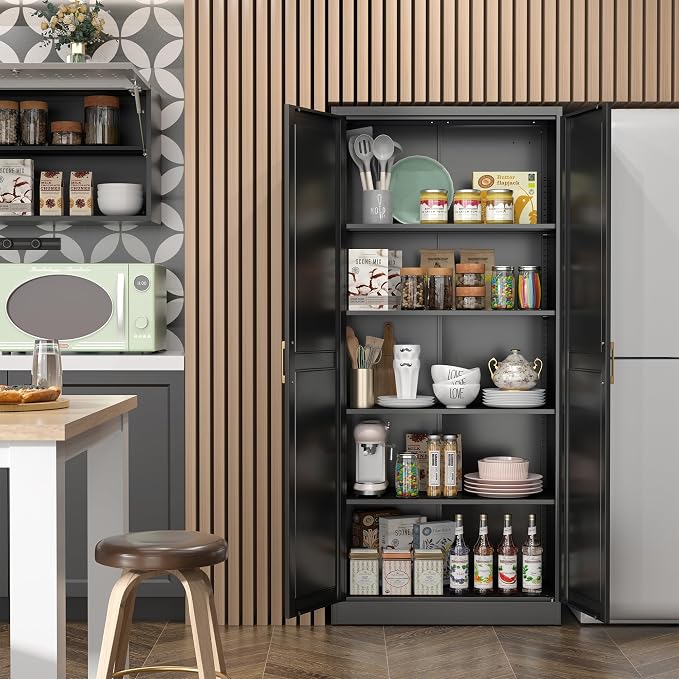 Steeloong 71"Metal Pantry Storage Cabinet with Doors & 4 Adjustable Shelves | Kitchen Pantry Cabinet,Black Kitchen Cabinet with 2 Gold Handles,Tall Cabinet for Livingroom,Pantry, Bathroom,Kitchen,Garage
