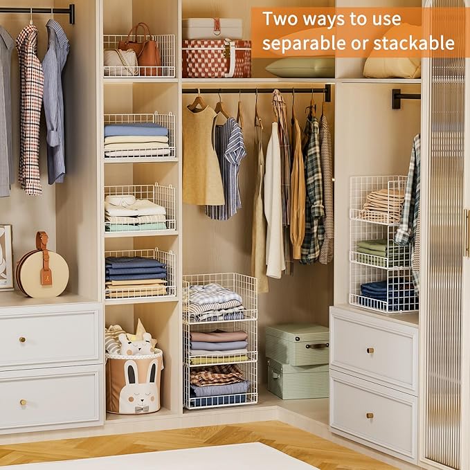 Yociyoga Closet Organizers and Storage Basket- 3-Tier Stackable Storage Bins, Foldable Closet Shelf Organizer Basket, Stackable Clothes Organizers Shelves for Home Organizer System(Patent 30022416)