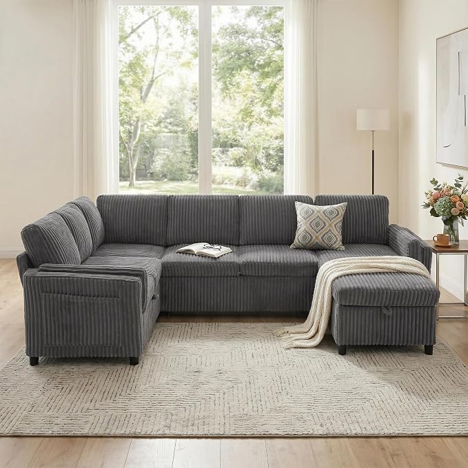 L Shaped Sectional Sleeper Sofa with Pull Out Bed, Dark Grey | 7 Seat Modular Design, Hidden Storage Space, Soft Corduroy Fabric, USB Charging, Cup Holders, Removable Covers, Easy Assembly