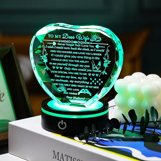 Arikyrist Gifts for Wife with Colorful LED Base Romantic Wife Anniversary Birthday Gift Ideas Crystal Heart to My Wife Gifts from Husband on Valentine's Day Christmas Mother's Day