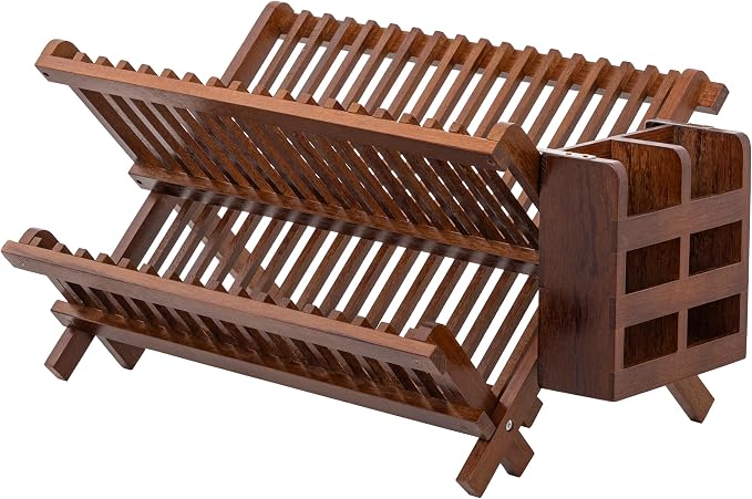 HBlife Dish Rack,Teak Folding 2-Tier Collapsible Drainer Dish Drying Rack with Utensils Flatware Holder Set (Dish Rack with Utensil Holder)