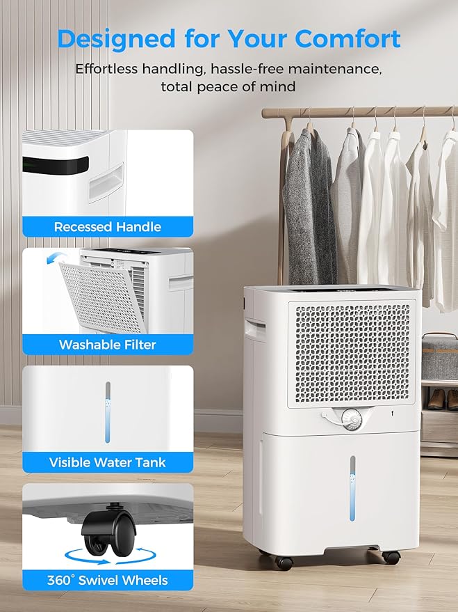 VEAGASO 4000 sq.ft Dehumidifiers for Basement, MAX 58 Pint Smart Compressor Dehumidifier with Drain Hose, Intelligent Humidistat, Dry Clothes, 24HR Timer, for Home, Large Room, Bathroom, Bedroom
