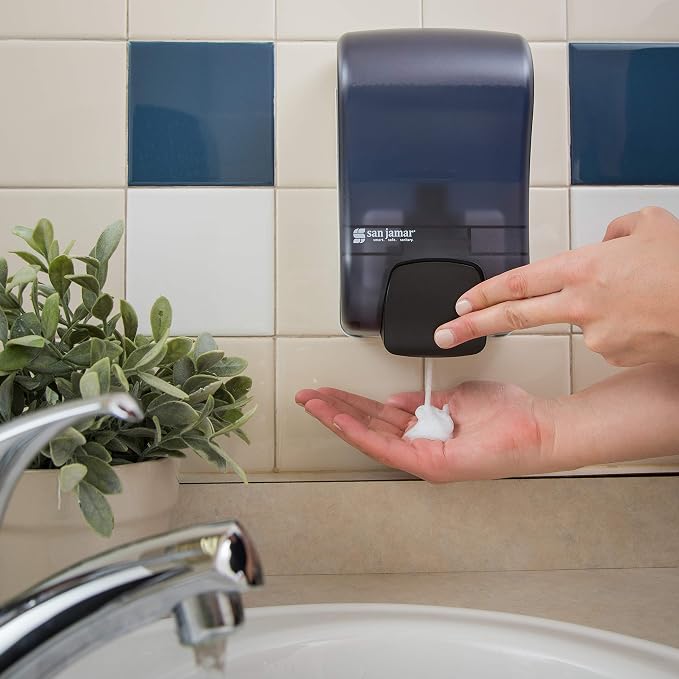 San Jamar Rely Soap Dispenser – 900ml Wall Mounted Manual Liquid Dispenser with Efficient Pump for Home and Commercial Use, Black Pearl