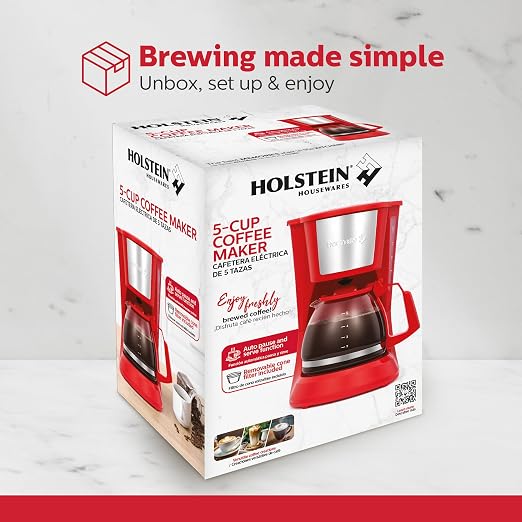 Holstein Housewares 5 Cup Drip Coffee Maker – Compact and User-Friendly with Auto Pause & Serve, Reusable Filter, Measuring Spoon & Glass Carafe, Office & Dorm Use, Red
