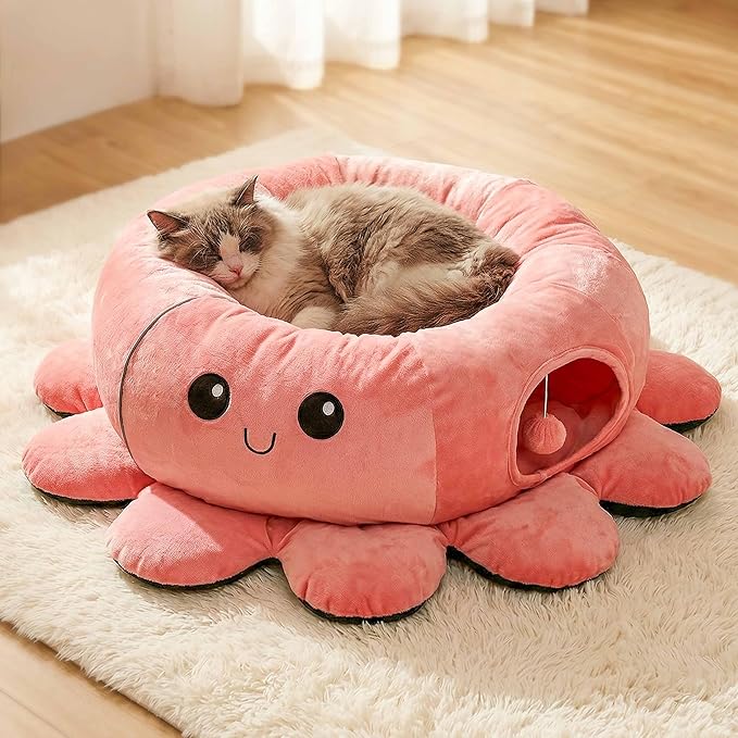 Cat Tunnel Bed with 20 Cat Toys, Collapsible Play Tunnel for Indoor Cats, Kitten Toys for Indoor Kittens, Octopus Shaped