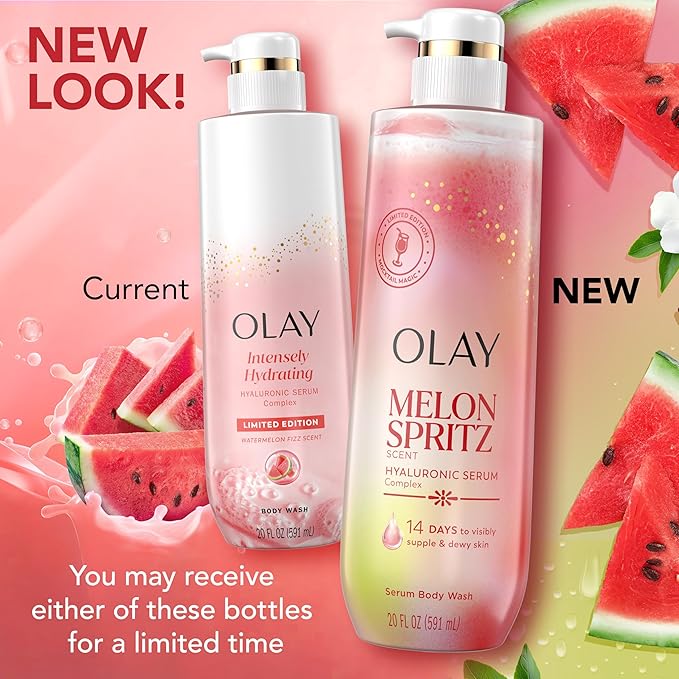 Olay Body Wash for Women, Intensely Hydrating, Pro-Hyaluronic Acid Serum Complex, Renews Moisture, Vitamin B3 Lameller Technology, For All Skin Types, Melon Spritz Scent, 20 fl oz