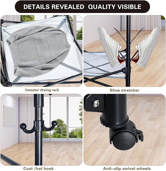 Foldable Drying Rack Clothing, Double Rod Extendable Clothes Drying Rack with Wheels, Sweater Drying Rack, Hat Rack, Shoes Drying Rack