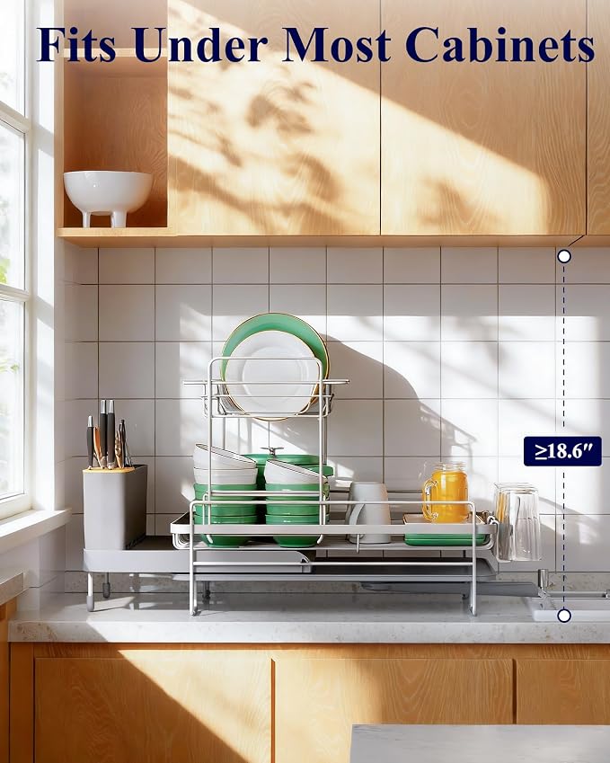 Kitsure Large Dish Drying Rack - Extendable Dish Rack, Multifunctional Dish Rack for Kitchen Counter, Anti-Rust Dish Drainers with Cutlery & Cup Holders 19.2"-26.7" L x 12.9" W x 13.6", Grey