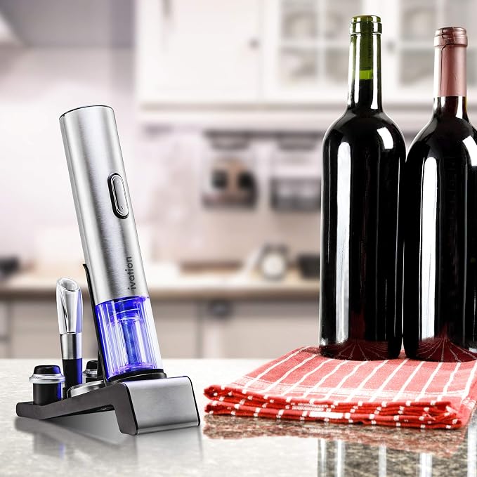 Ivation 6-in-1 Electric Wine Opener Gift Set, Preserver, Charging Base | Stainless steel bar collection for hosts - includes aerator, foil cutter, and date-stamped stoppers to keep bottles fresh
