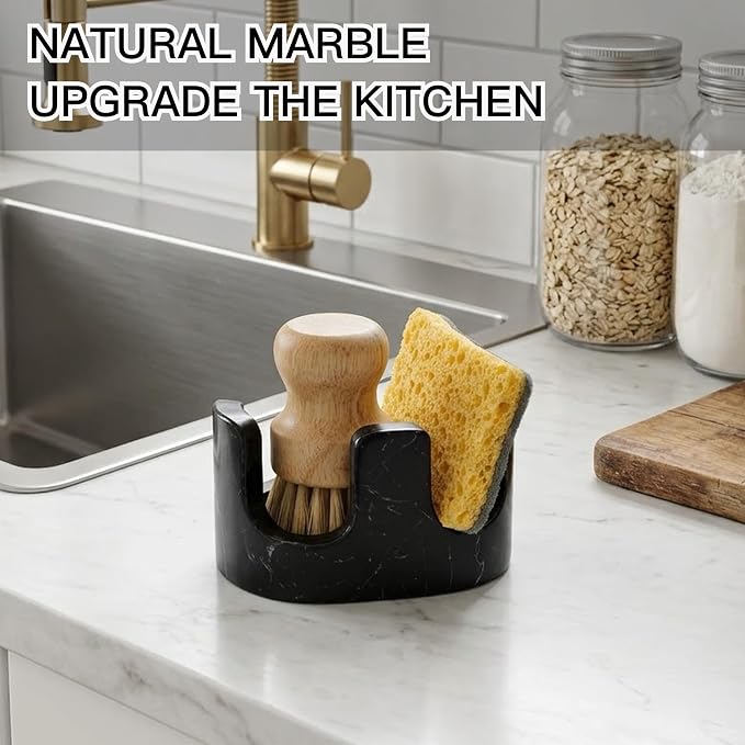 Black Marble Sponge Holder for Kitchen Sink, 2-in-1 Natural Stone Sponge & Brush Holder with Raised Edge, Keeps Countertops Dry, Heavy & Stable, Non-Slip Base, Modern Luxury Kitchen Decor