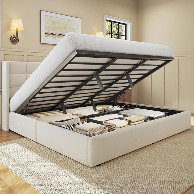 HISOFT King Size Lift Up Storage Bed Frame, Velvet Upholstered Platform Bed with Wingback Headboard, Heavy Duty Hydraulic Gas Lift Underbed Space, Reinforced Full Metal Slats, Noise Free, Light Beige