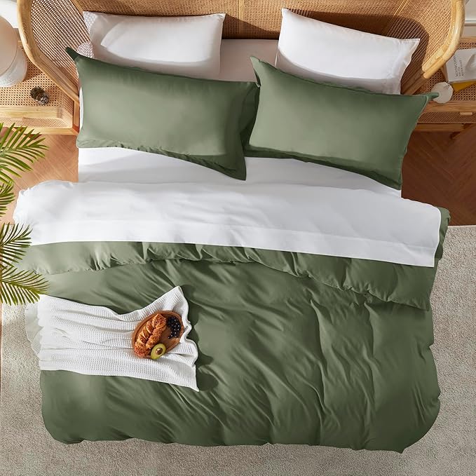 Nestl Olive Green Duvet Cover Full Size - Soft Double Brushed Full Size Duvet Cover Set, 3 Piece, with Button Closure, 1 Duvet Cover 80x90 inches and 2 Pillow Shams