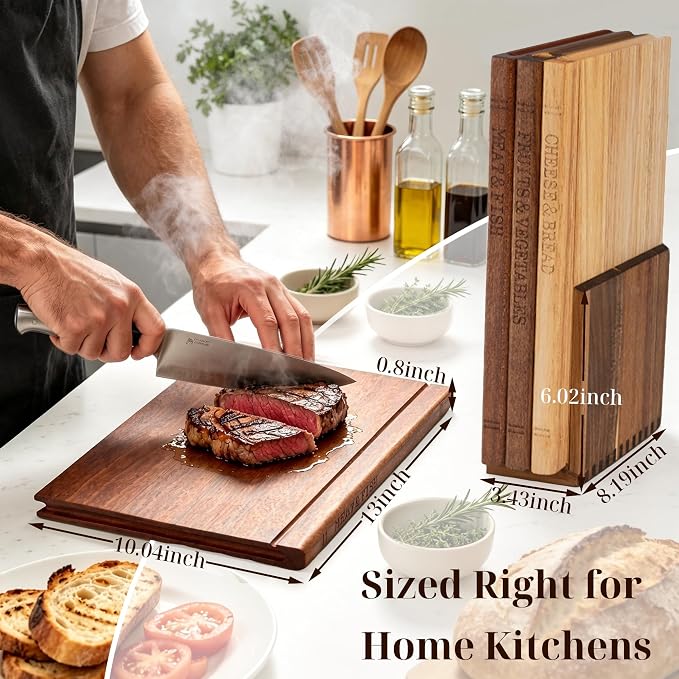 Book Cutting Board Set with Wooden Stand for Home Cooks | 3 Labeled Boards for Fruits Veggies,Meat Fish,Bread Cheese Organized Prep,No Cross Contamination