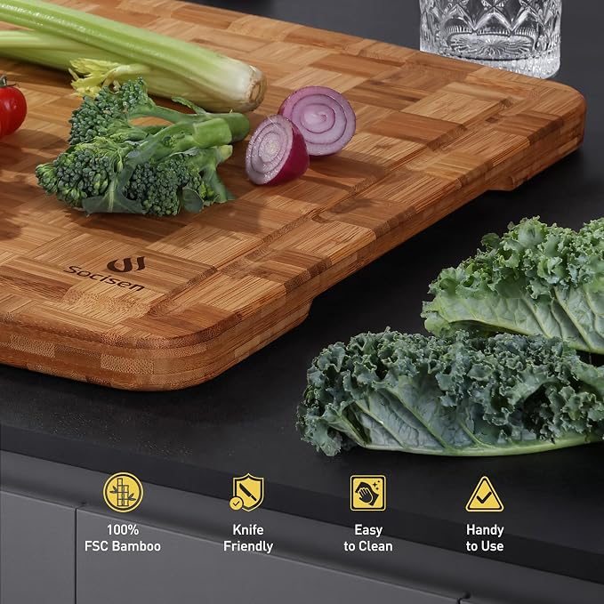 Extra Large Bamboo Wooden Cutting Board Wood Cutting Boards for Kitchen | Heavy Duty, End Grain, Non Toxic, Non Slip, Cutting Board Set, Solid Thick, Juice Groove, Butcher Block, Best Kitchen Gift