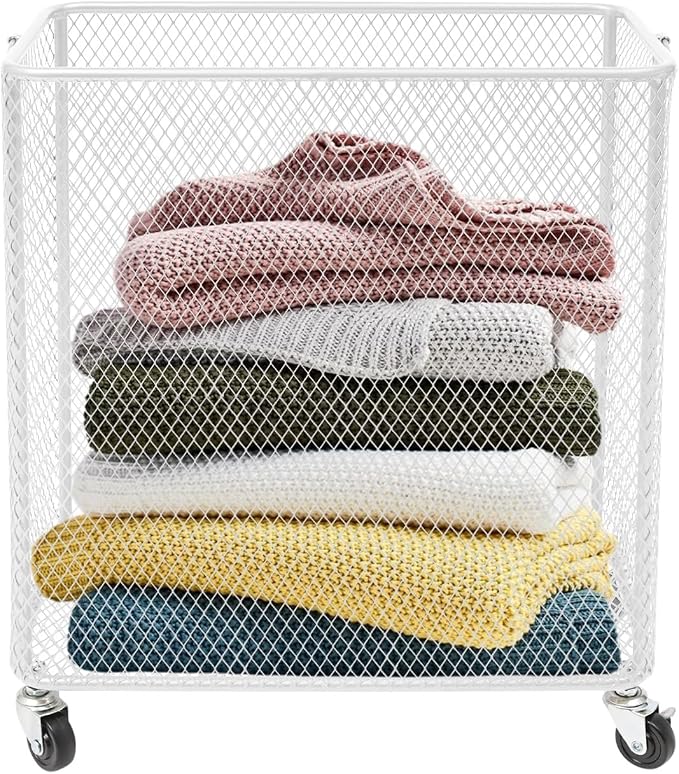 Rolling Laundry Basket with Wheels and Round Handle, Rectangular Metal Mesh Wire Laundry Hamper, Wheeled Dirty Clothes Basket, Utility Storage Cart Bathroom Organizer for Home (White-Rectangular)