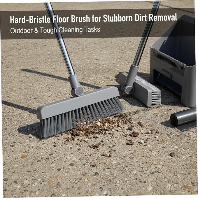 Dustpan and Broom Set, Broom Dustpan 3-in-1 90° Stand up Heavy Duty Dust Pan and Set with Long Handle 180° Rotation for Indoor & Outdoor Sweeping, with