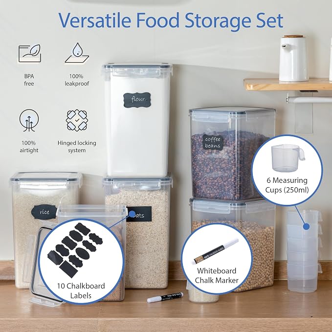 Chef's Path Large Airtight Food Storage Containers with Lids, Pack of 6, 3pcs 6.5L and 3pcs 5.2L, Kitchen and Pantry Canisters for Sugar, Flour, and Baking Supplies - Transparent