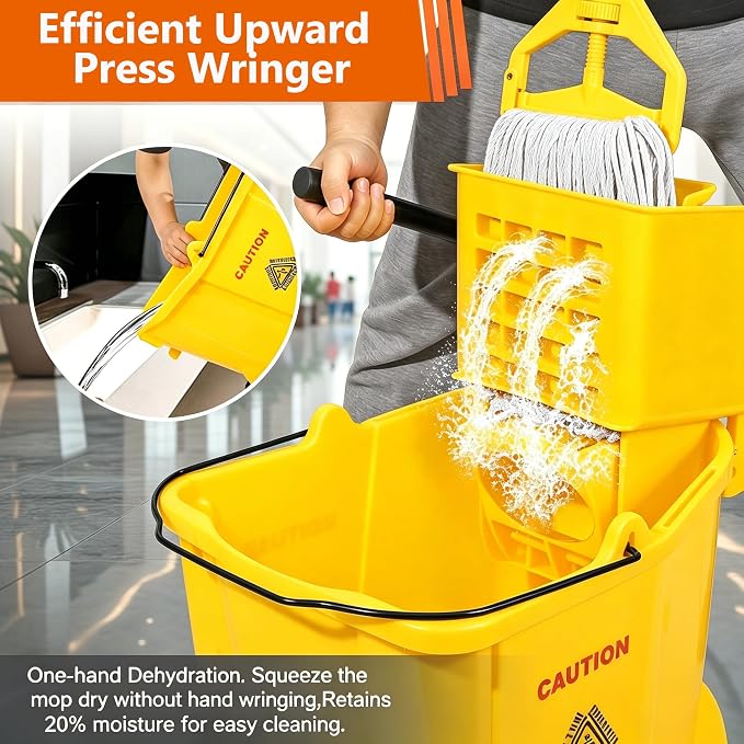 35 Qt Commercial Mop Bucket with Side-Press Wringer Combo on Wheels | Including Janitor Industrial Mop Bucket,Commercial Mops and Wet Floor Caution Sign,Yellow, VOUBIEN