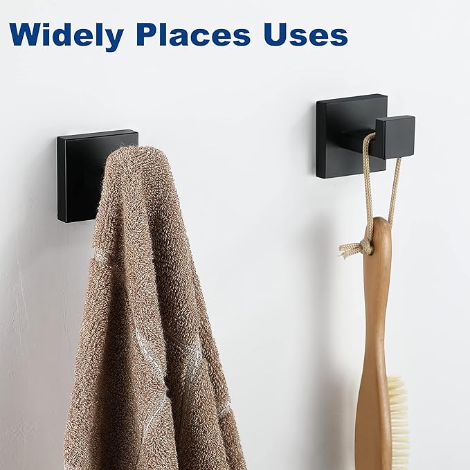 Towel Hooks For Bathrooms, Matte Black Towel Hook For Kitchen Bathroom, SUS304 Stainless Steel Coat Hook, Square Heavy Duty Holder Robe Hooks For Hanging Towels, Coats,Sponges,Wall Mount, 8 Pack